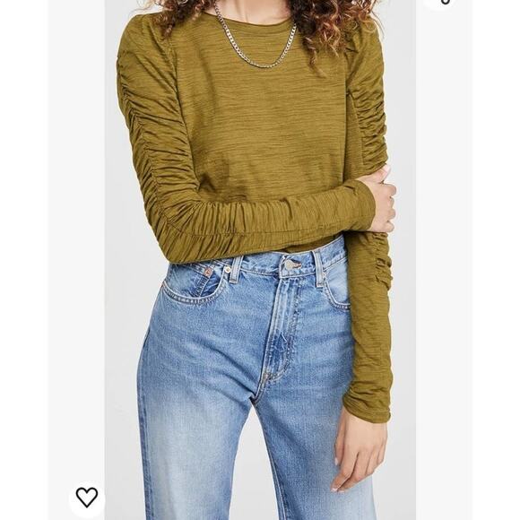 Free People Natasha Tee Women's XS Olive Green Slub Jersey Ruched Sleeve Boho - Picture 6 of 14